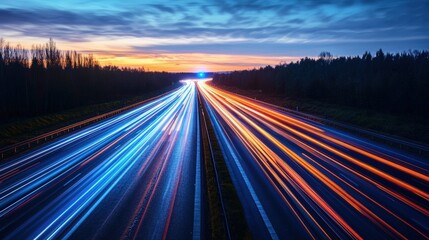 Obraz premium Long exposure photograph of a highway at night with light trails from vehicles in motion
