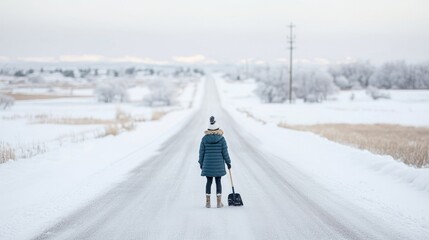 Person Standing on Snowy Road Holding Shovel in Winter Landscape