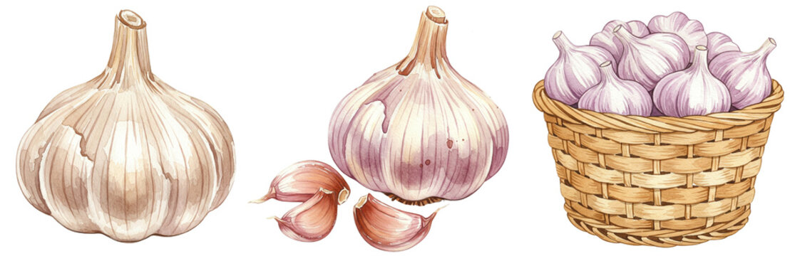 Fresh garlic bulbs in whole, cloves, and basket, watercolour style clipart collection, isolated on a transparent background