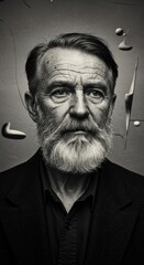 Fototapeta premium Elderly man with beard in black suit surrounded by abstract 3d shapes