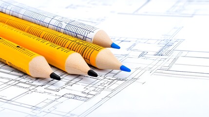 Close up view of architectural blueprints and construction markers in bright colors highlighting the design plans and outlines for a building project or engineering work  Concept of creativity