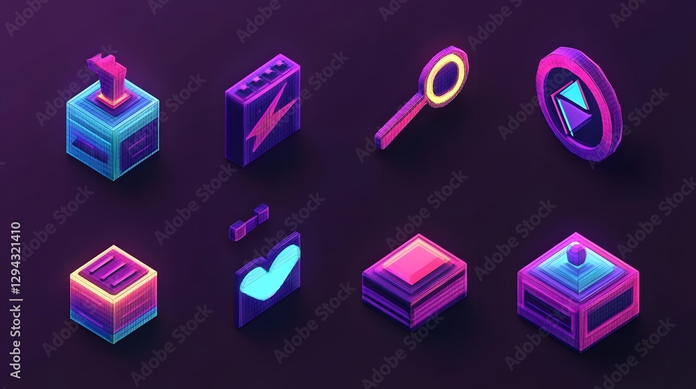 Poster colorful 3d icons representing technology and digital elements on a dark background