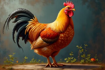 Detailed Rooster Portrait, Vibrant Colors and Feathered Detail