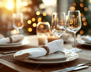 Dining table setting in the evening with candles and lights