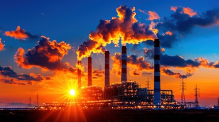 Breathtaking sunset illuminating the towering smokestacks and structures of a busy industrial plant or factory highlighting the complex and energy intensive nature of modern industrial production