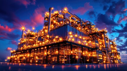 Stunning nighttime view of a large industrial petrochemical plant or oil refinery illuminated with bright lights against a dramatic sky filled with colorful clouds at dusk