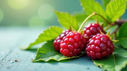 A trio of ripe, red, juicy summer berries rests on a dewy leaf, showcasing their vibrant color and natural sweetness.