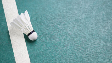 White shuttlecock put closed to badminton court line on green badminton floor.