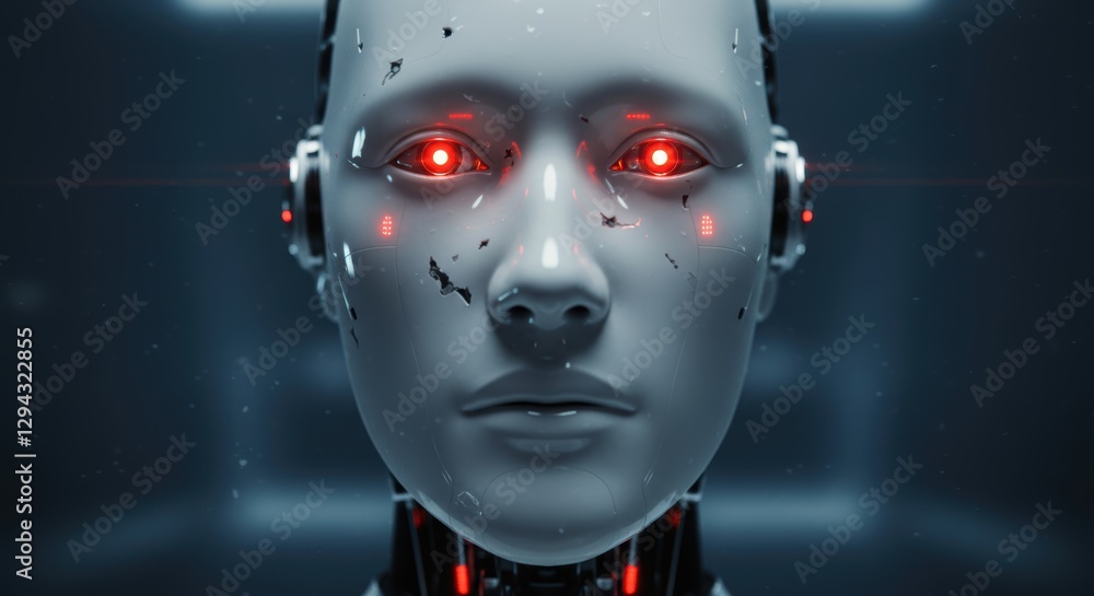 Poster futuristic cybernetic ai robot with red eyes in dark sci-fi setting