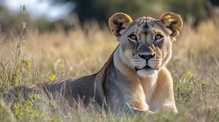 Obraz premium Lioness Resting in African Savanna Grass