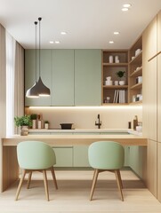 A modern kitchen features pastel green cabinets and a counter