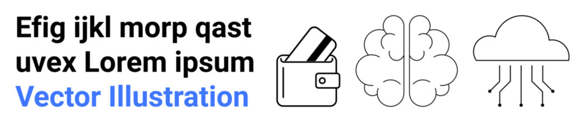 Three main symbols a wallet with cards, a brain, and a cloud connected to circuits. Ideal for finance, technology, AI, cloud computing, cybersecurity online services digital innovation. Landing