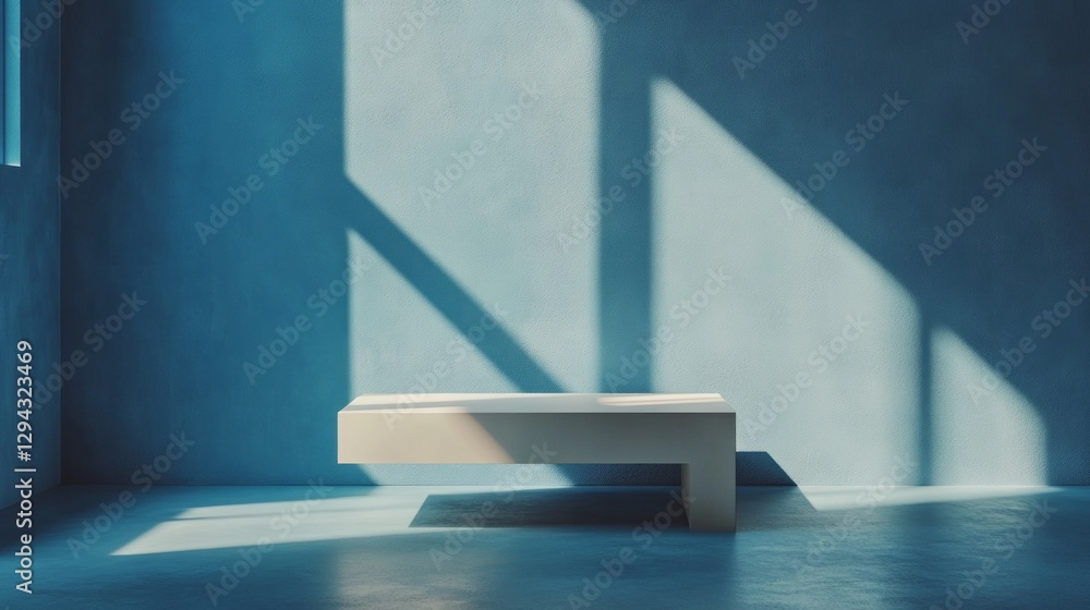 Poster a spacious room bathed in soft blue hues features a sleek, modern bench that stands out against the 