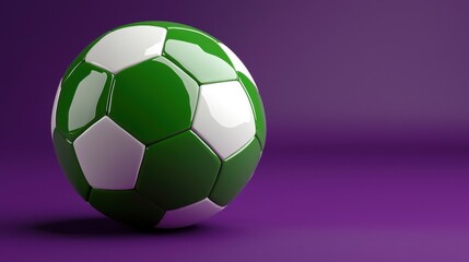 Naklejka premium Shiny Green and White Soccer Ball on Purple Background Sport Game Competition Concept