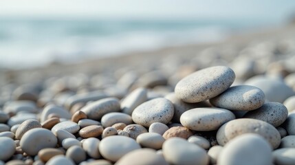 Serene Seascape A Close-Up View of Smooth, Stacked Pebbles on a Tranquil Beach, with the Blurred Ocean in the Background