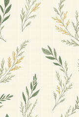 Seamless botanical pattern with delicate hand-drawn green and yellow leaves on a cream background, elegant nature-inspired design for textiles, wallpaper, and stationery
