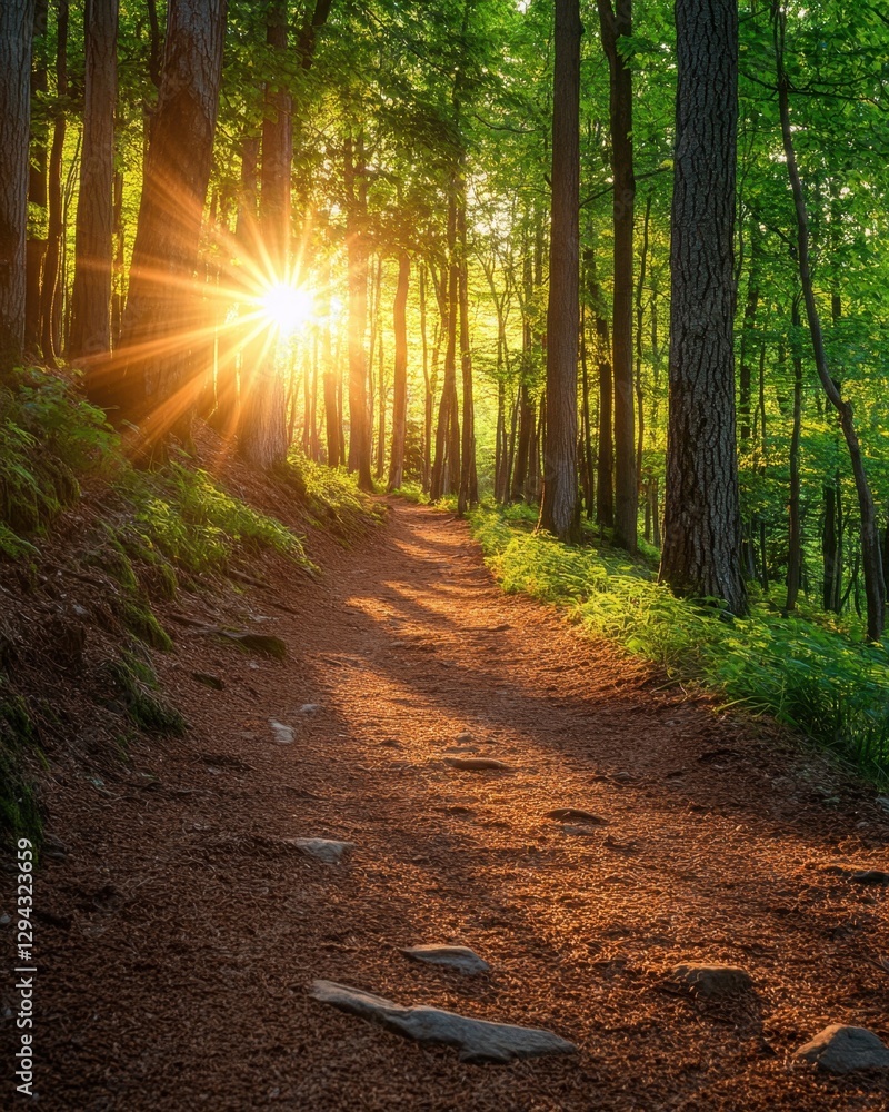 Poster forest path illuminated by sunlight creating a serene and magical atmosphere in the woods