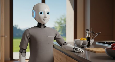 Friendly robot assistant in modern kitchen environment