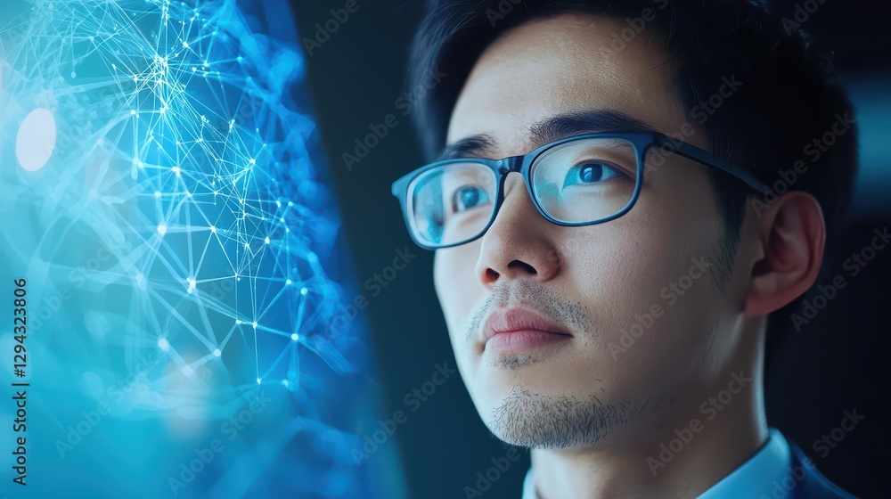 Poster scientist analyzing data on hologram interface in chaos theory