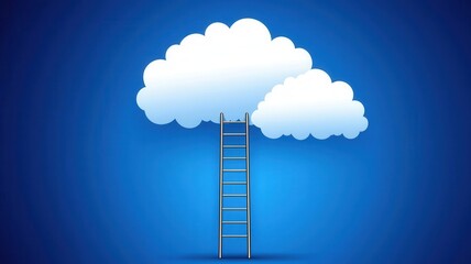 Cloud computing technology with data network. Ladder reaching towards clouds on a blue background symbolizes aspiration and ambition.
