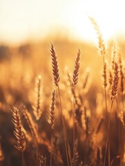 Fototapeta premium Golden wheat field at sunset with warm sunlight creating a peaceful and serene rural landscape atmosphere for agriculture