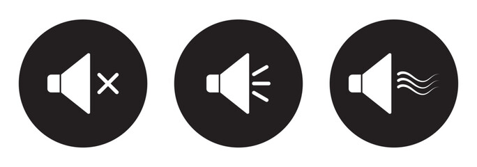 Sound volume icons set with different signal levels on white background. Аn icon that increases and reduces the sound. Sound icon, volume symbol, speaker sign, audio control icon set. Vector