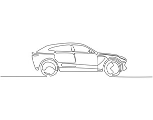 Fototapeta premium Continuous line drawing of car in side view. Single line illustration of modern city car. Transportation, modern vehicle outline. Editable outline