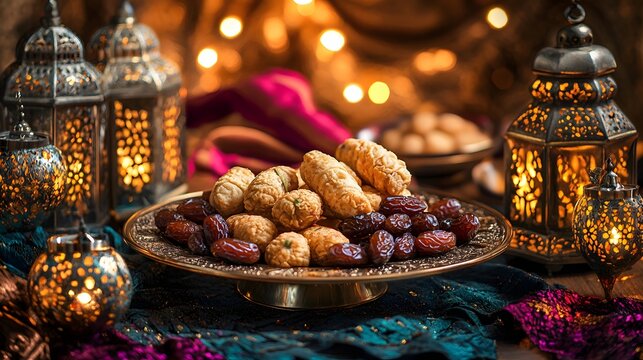 A festive Ramadan-themed dessert arrangement with Borma, dates, and lanterns, creating a warm and celebratory mood