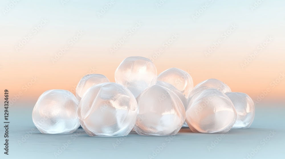 Poster cluster of clear ice spheres in abstract formation on smooth surface