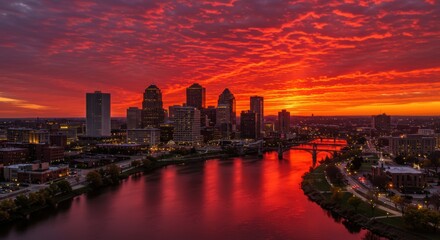 Fototapeta premium Vibrant sunset over city skyline with reflective river and dramatic clouds