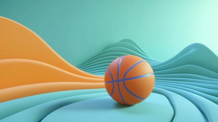 Abstract Pastel Background with Orange Basketball on Wavy Teal and Orange Surface