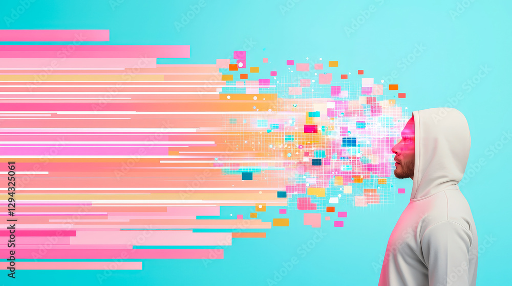 Poster man in hoodie surrounded by vibrant digital pixels and colorful light effects in creative art form