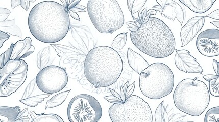 A seamless pattern of outlined cartoon fruits in a monochrome palette with a dynamic, yet simple background. Space available for text overlay.