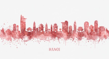 Fototapeta premium Hanoi skyline watercolor silhouette: artistic cityscape and iconic landmarks