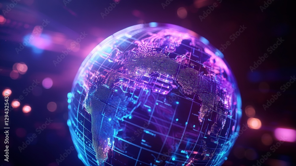 Poster globe with circuit design in the center featuring minimalist map with clean lines and purple accents