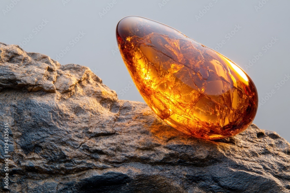 Poster captivating amber gemstone resting on a textured rock formation illuminated by warm light creating a