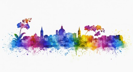 Colorful watercolor cityscape with orchids and vibrant skyline art