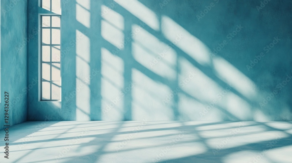 Poster Sunlight pours through a window, casting intricate patterns of shadows on the smooth floor in a tranquil blue room. The calm ambiance invites mindfulness and reflection