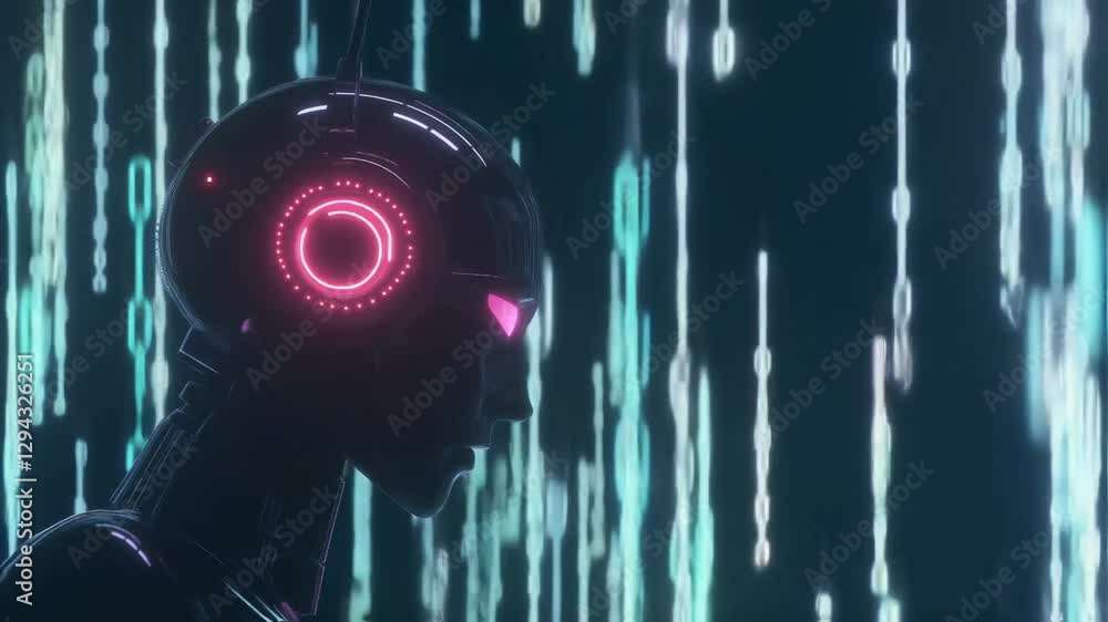 Poster cybernetic humanoid with glowing neon interface against a digital data stream. artificial intelligen