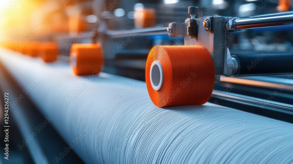Poster textile factory with weaving machines in dynamic production setting