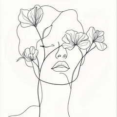 "Minimalist line art of a woman’s face with floral details, black and white, elegant and aesthetic, perfect for wall art prints, ultra-clean design