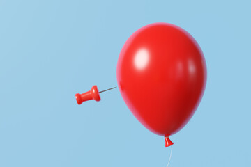 Red balloon floating in mid air and is very close to a push pin on a light blue background. Illustration of the concept of stock market bubble, risk and danger © Dragon Claws