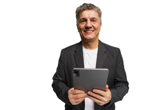 Middle-aged man holding a tablet with a friendly smile in a neutral setting - Powered by Adobe