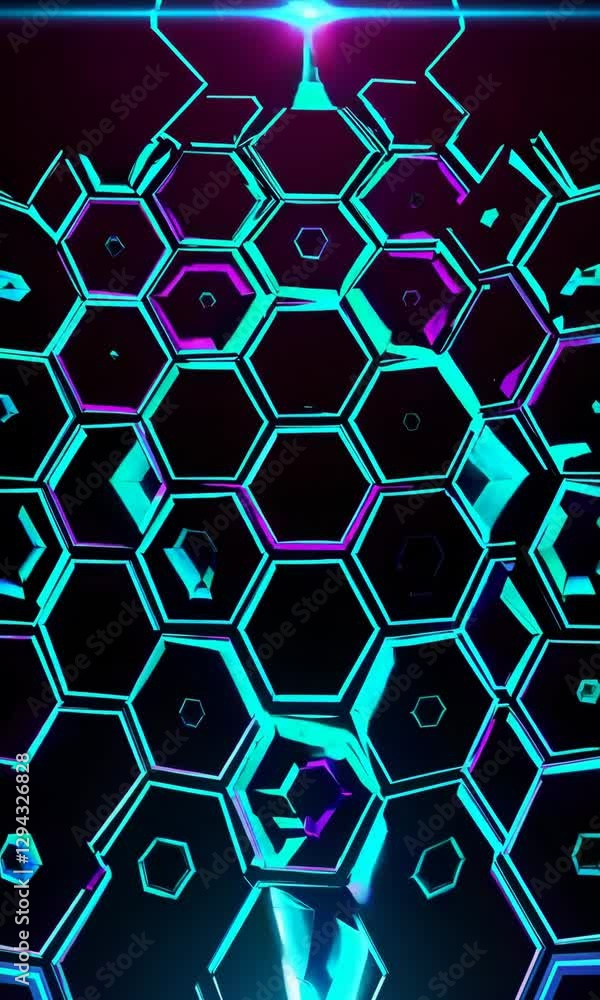 Poster dynamic neon hexagon pattern: vibrant motion of glowing shapes in futuristic design