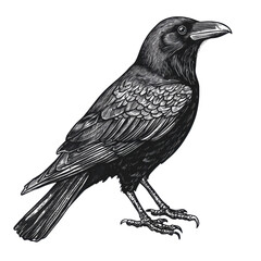 Fototapeta premium Detailed illustration of a perched raven showcasing intricate feather details on a transparent background for easy integration