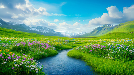 Fototapeta premium Vibrant wildflower meadow alongside a serene stream in a picturesque mountain landscape during a clear day