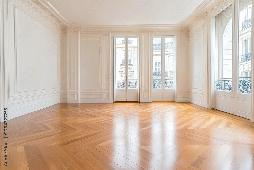 Poster Elegant empty room with wooden floor and large windows in a historic building during daylight