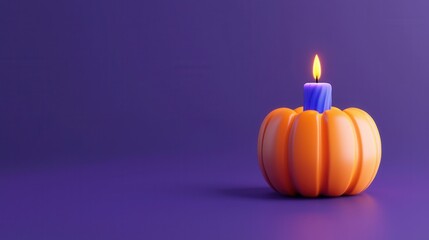 Festive Autumn Still Life Lit Candle Atop Orange Pumpkin on Purple Background