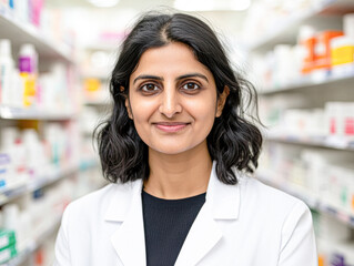 Professional pharmacist smiling in a pharmacy aisle.