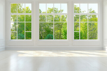 Bright and airy interior with large windows showcasing lush greenery outside during daylight